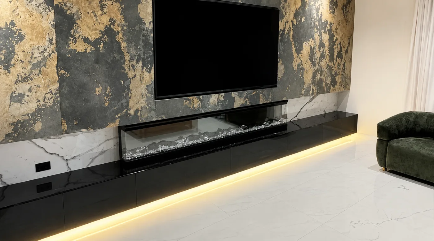 Feature lighting installed beneath a custom entertainment unit