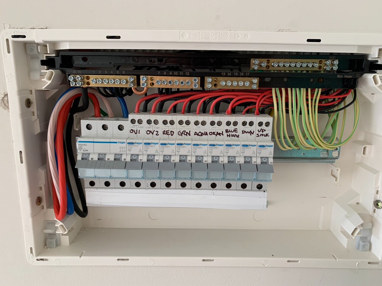 Switchboard with circuit breakers and neatly arranged wiring